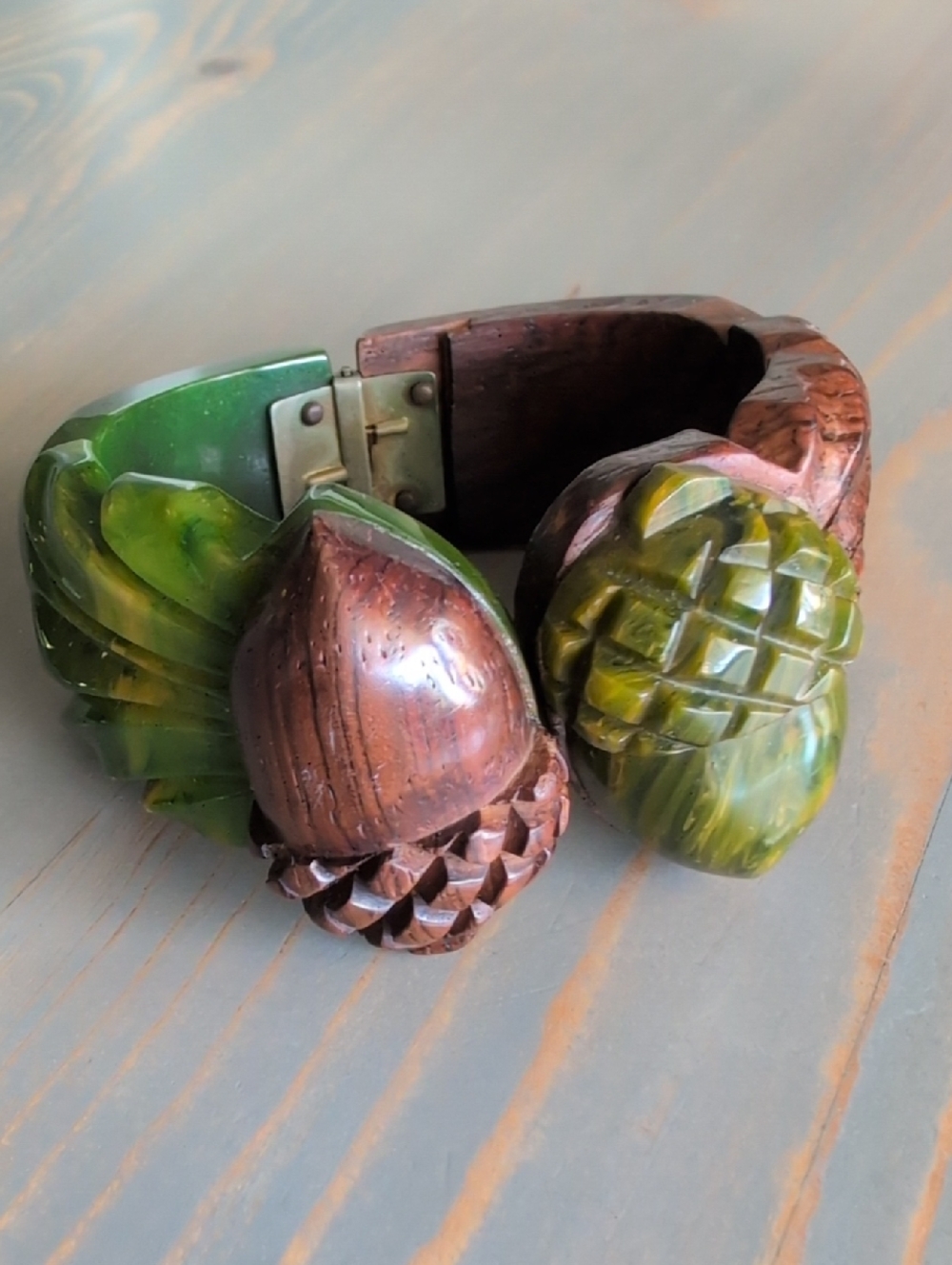1940's Vintage Carved Wood and Green Bakelite Bracelet Clamper - RARE